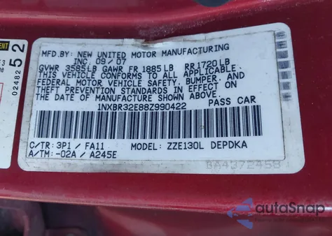 2008 Toyota Corolla Ce из США, поврежденный, VIN 1NXBR32E88Z990422